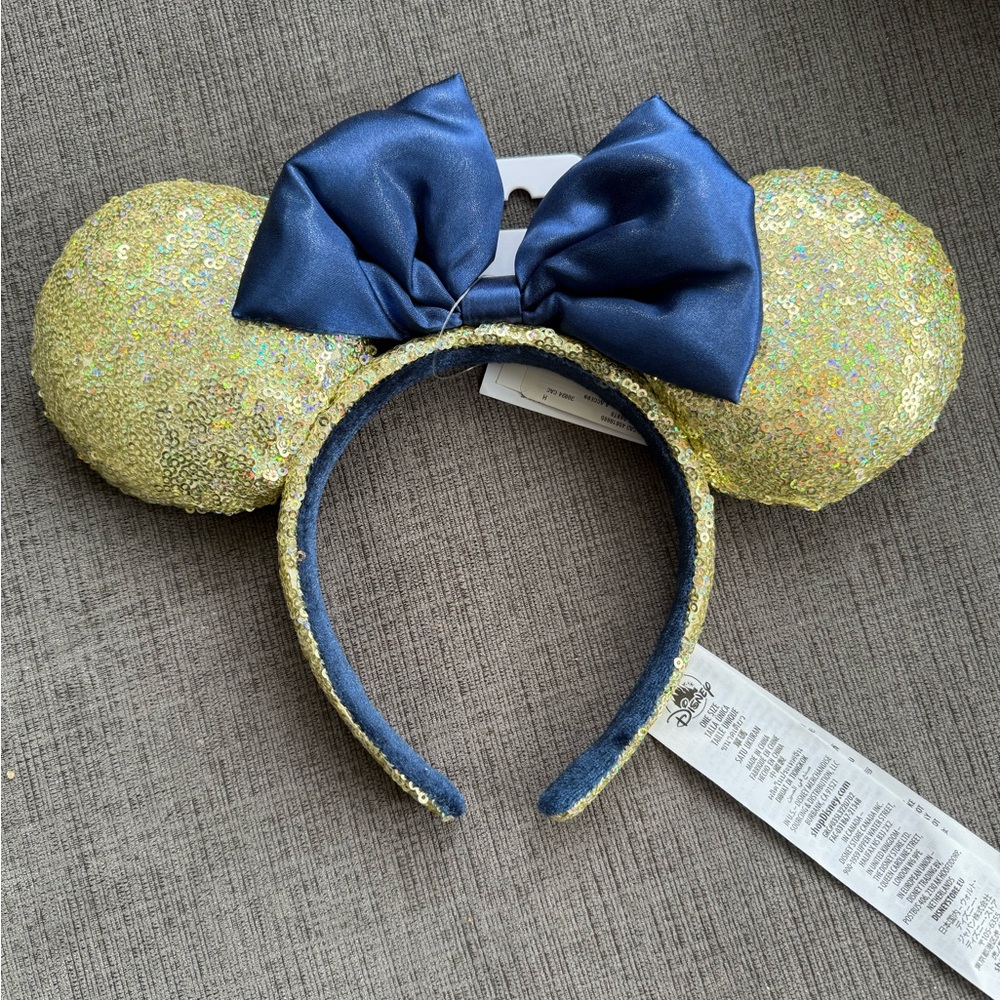 New Disneyland park Mickey Gold Sequin Ears with Navy Bow
